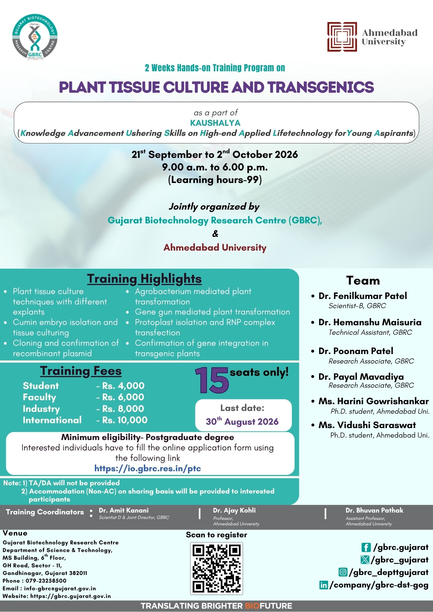 Plant Tissue Culture and Transgenics Training Brochure